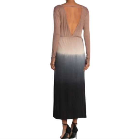 Anthropologie Fraiche by J Ombre Maxi Dress L Tan Black Plunge Boho Long Sleeve - Picture 13 of 14
